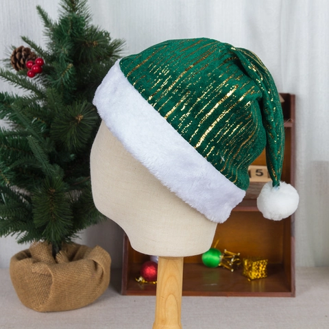 Christmas Hat Velvet Gold Foil Striped Pattern Santa Cap With Plush Trim Pom Pom For Holiday Party Decoration
