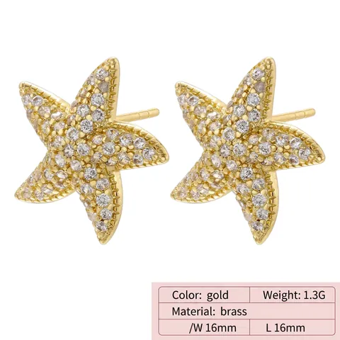 Pendientes de Botón de Estrella de Mar de Circonia para Mujer en Cobre Incrustado Joyería Fina de Estilo Marino Color Oro Plata