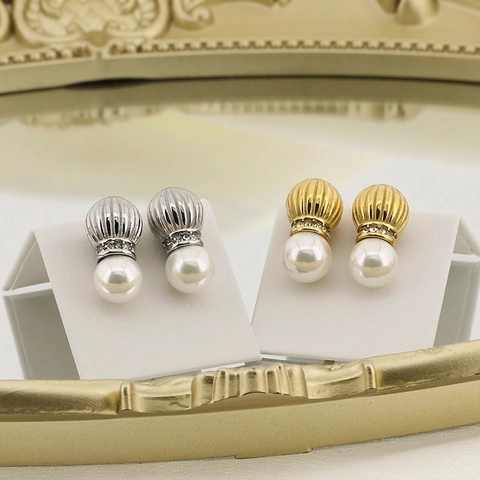 Vintage Kunstperlen Ohrhänger 316L Edelstahl Strukturierte Gestreifte Kuppel Mit Strass Hypoallergen Für Damen