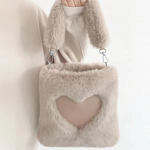 Heart Shaped Cutout Plush Shoulder Bag Faux Fur Crossbody Handbag For Women Autumn Winter Casual Large Capacity