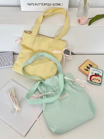 Women Shoulder Tote Bag Polyester Drawstring Ribbon Bow Large Capacity Casual Aesthetic Korean Style
