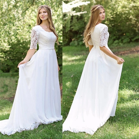Spitze Rundhals Brautkleid Dreiviertelarm A-Linie Chiffon Langes Hochzeitskleid Für Damen Elegant Elfenbein Schleppe