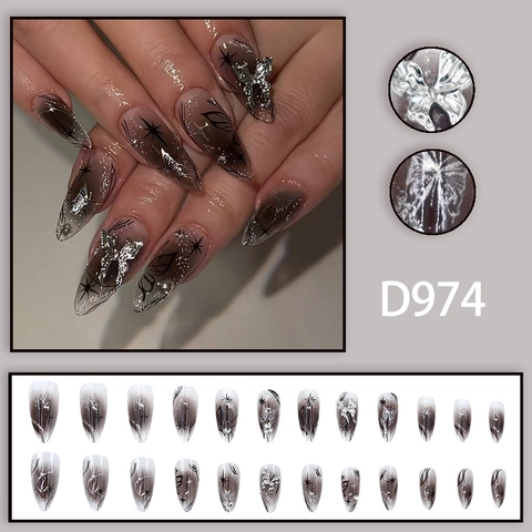 Mandel Press On Nägel Dunkler Farbverlauf Schwarz Mit 3D Metall Schmetterling Sternen Strass Eleganter Y2K Stil