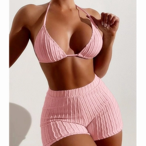 Women Bikini Swimsuit Halter Neck Top And High Waisted Shorts Ribbed Knit Pointelle Textured Solid Color Bathing Suit