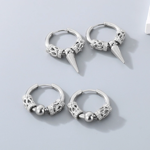Stainless Steel Hoop Earrings With Cone Spike Pendant Round Bead Carved Texture Punk Hip Hop Jewelry For Men
