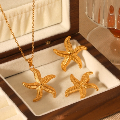 Starfish Pendant Necklace And Earrings Stainless Steel Ocean Style Textured Gold Plated Jewelry For Women