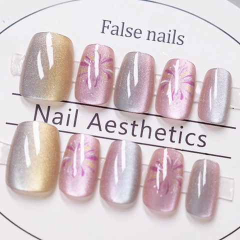 Cat Eye Press On Nails Short Square Round Gradient Shimmer Purple Yellow False Nails With Glue Reusable Nail Art