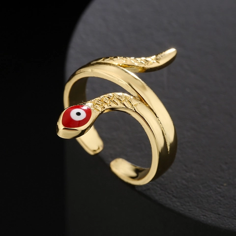 Copper Snake Open Ring 18K Gold Plated Enamel Evil Eye Wrap Geometric Trendy Retro Adjustable Fashion Jewelry For Women