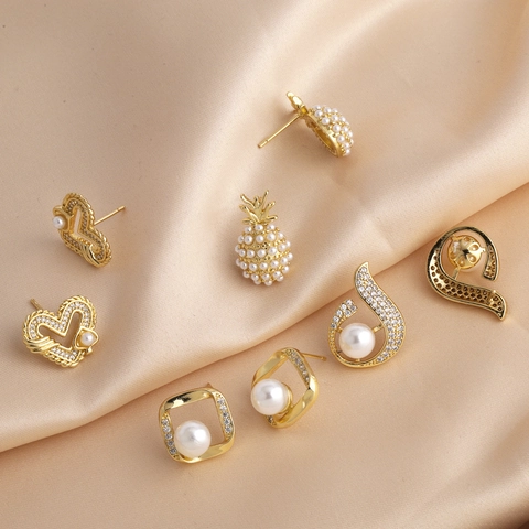 Copper Zirconia Artificial Pearl Earrings For Women Heart Pineapple Geometric Stud Earrings Gold Plated Fashion Jewelry