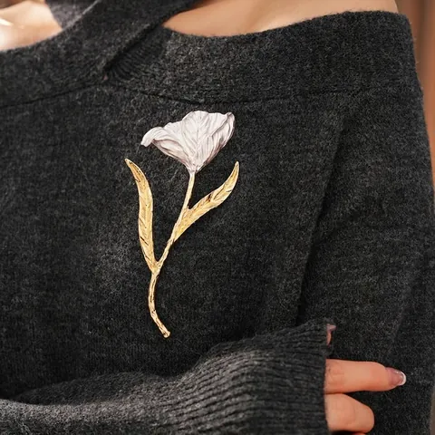 Broche Fleur De Tulipe En Alliage Texturé Plaqué Or Argent Épingle Pour Manteau Pull Bijoux Élégants Vintage Français
