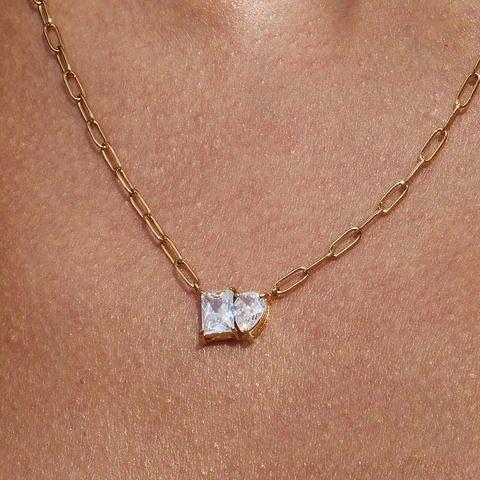 18K Vergulde Roestvrijstalen Paperclip Ketting Halsketting Hart Vierkant Zirkonia Hanger Waterdicht Hypoallergeen
