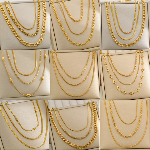 Layered Stainless Steel Necklaces For Women Gold Plated Snake Bone Figaro Paperclip Chain Multilayer Fashion Jewelry