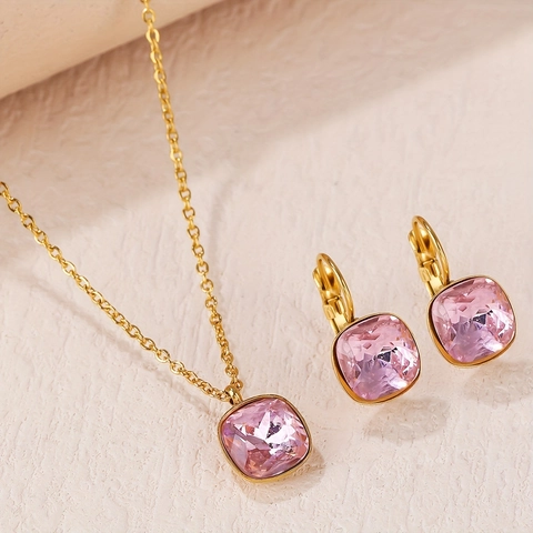 Quadratische Zirkonia Halskette Und Ohrringe 304 Edelstahl Echt Vergoldet Vintage Schmuck Für Frauen Elegant