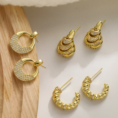 Orecchini A Lobo In Rame Geometrici Placcati Oro 18K Micro Pave Zircone Spirale Forma C Ovale Gioielli Retro Per Donne