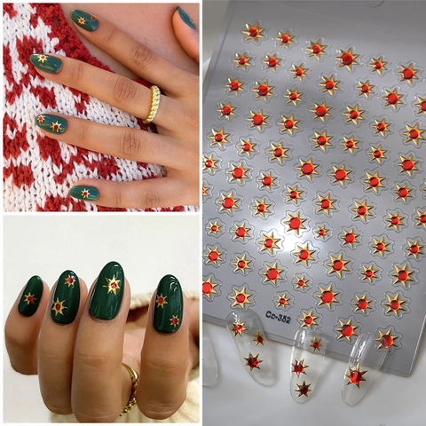 Autocollants Ongles Relief Design Soleil Étoile Or Strass Rouge Auto-Adhésif Décoration Manucure Femmes