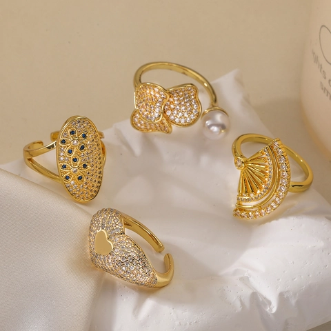 Women Adjustable Open Rings Copper Real Gold Plated Zircon Heart Fan Floral Geometric Light Luxury Fashion Jewelry