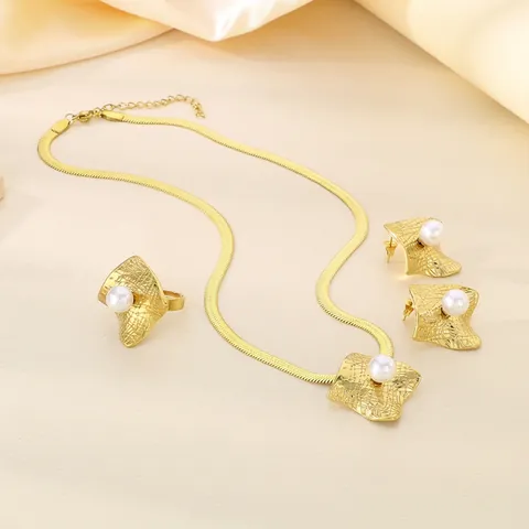 French Luxury Stainless Steel Jewelry For Women Gold Plated Geometric Hammered Artificial Pearl Necklace Earrings Ring