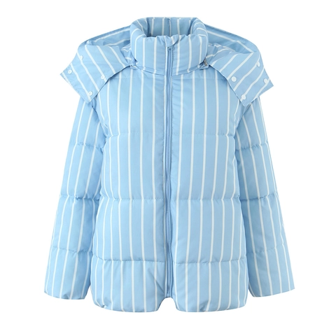 Women Vertical Striped Puffer Jacket Hooded Zip Up Quilted Loose Warm Winter Outwear Polyester Windproof Padded Coat