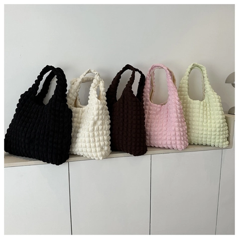 Women's Korean Popcorn Texture Shoulder Bag Lightweight Pleated Bubble Underarm Bag Sweet Large Capacity Nylon Tote Bag
