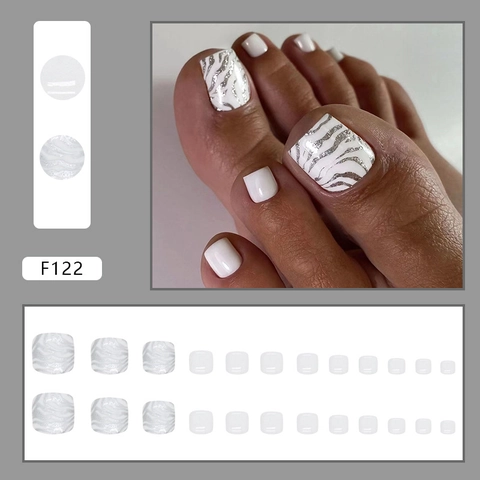 Ongles De Pieds À Coller Imprimé Zèbre Léopard Argenté Blanc Court Carré Faux Ongles De Pieds Pour Femmes