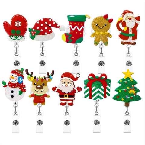 Christmas Retractable Badge Reel Holder Acrylic Glitter Santa Snowman Gingerbread Man Rotating Alligator Clip Office Nurse