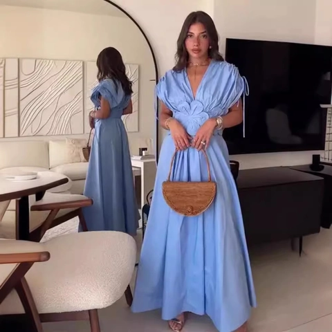 Dames V-Hals Maxi Jurk Blauw Mouwloos 3D Bloemen Decoratie Blote Schouders Vakantiestijl A-Lijn Lange Japon