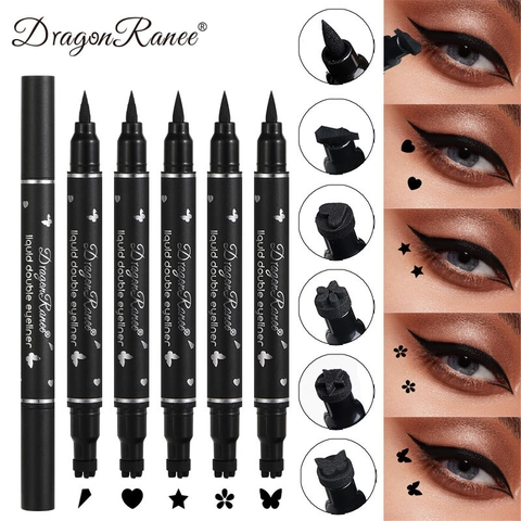 Double-Ended Eyeliner Pen With Stamp Star Heart Flower Butterfly Shapes Waterproof Long Lasting Black Liquid Eye Makeup