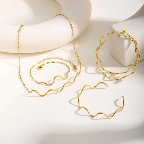 Geometric Wavy Necklace Earrings Bracelet Bangle Stainless Steel 18K Gold Plated Fashion Jewelry Women