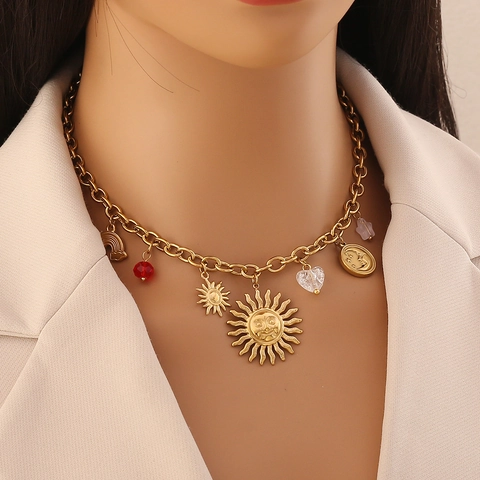 Collar Multi Dije Dorado De Acero Inoxidable Colgantes Sol Luna Estrella Arcoíris Corazón Flor Joyería Bohemia Vintage Mujeres