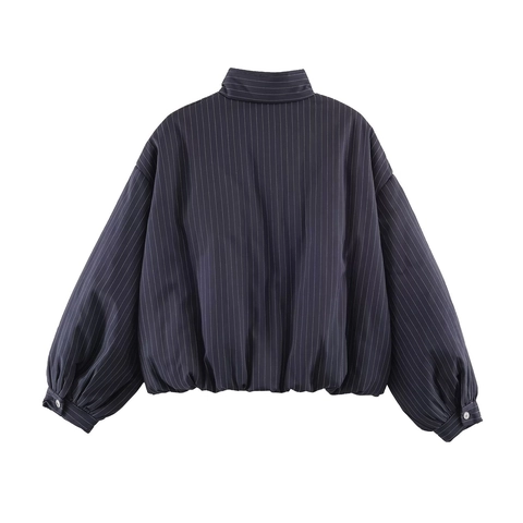 Dames Bomberjack Met Krijtstreep Opstaande Kraag Lange Lantaarnmouwen Marineblauw Casual Korte Bovenkleding