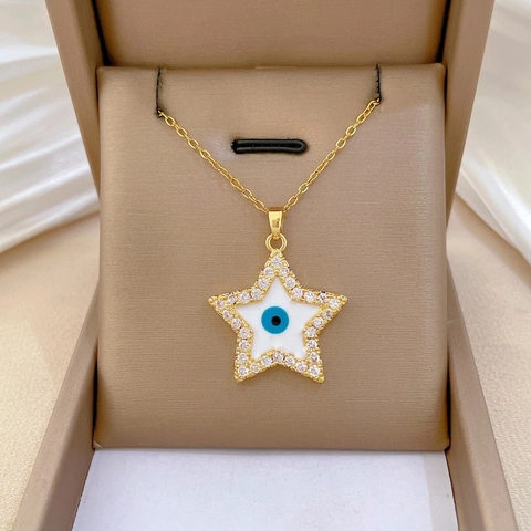 Evil Eye Stern Anhänger Halskette Vergoldet Edelstahl Kupfer Zirkonia Emaille Eleganter Schmuck Für Damen