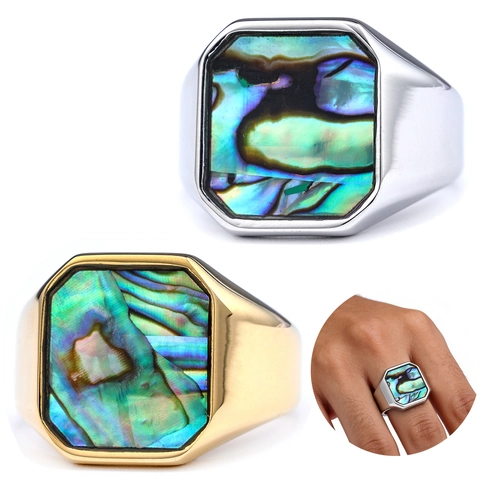 Octagonal Signet Ring Stainless Steel With Iridescent Abalone Shell Inlay Minimalist Vintage Jewelry For Men Unisex