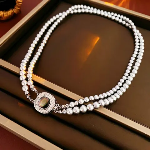Lagenperlenkette Mit Geometrischem Quadratischem Zirkon Anhänger Legierung Vintage Schlüsselbeinkette Für Damen Elegant