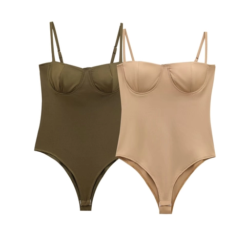Women Bodysuit Satin Texture Adjustable Spaghetti Straps Underwire Cups Polyester Spandex Slim Fit Sleek One Piece Top