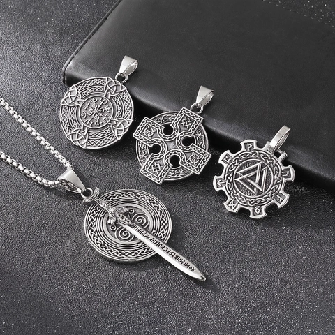 Collana Con Pendente Vichingo Norreno In Acciaio Inossidabile Retro Nodo Celtico Croce Vegvisir Bussola Amuleto Gioielli Punk Per Uomini