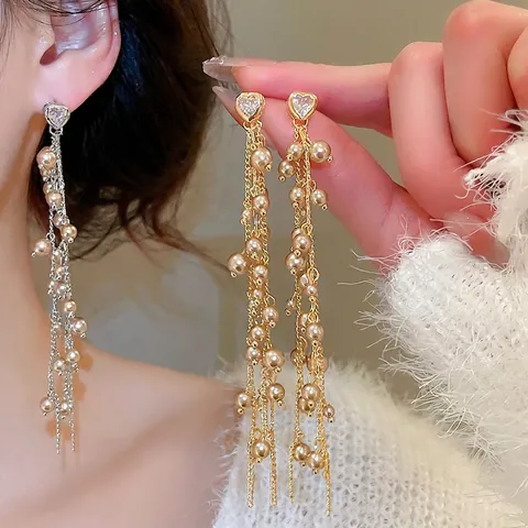 Herz Zirkonia Lange Quaste Künstliche Perlen Ohrhänger Elegante Ohrringe Für Damen Mit Silbernem Ohrstecker