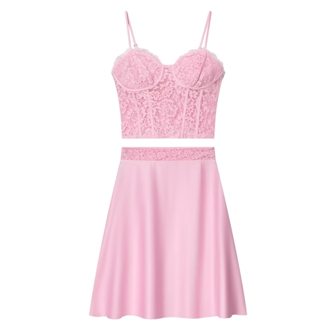 Pinkes Spitzen Korsett Oberteil Und Satin Rock Mit Hoher Taille Damen Outfits Vintage Sexy Streetwear Party Kleidung