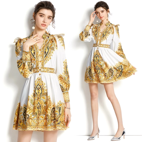 Mini Robe Trapèze En Mousseline À Imprimé Paisley Baroque Col En V Manches Lanternes Boutonnage Simple Élégant