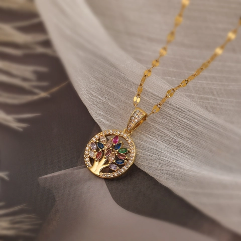 Collana Con Pendente Tondo Albero Della Vita Rame Placcato Oro Con Zircone Marquise Colorato Per Donna