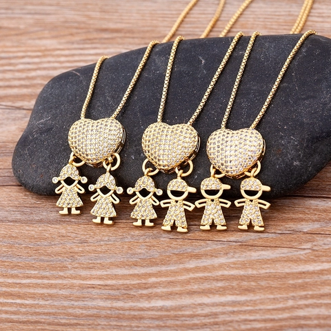 18K Gold Plated Copper Pave Zirconia Heart Family Pendant Necklace Box Chain Exquisite Kids Boy Girl Charm Necklaces Jewelry Gift