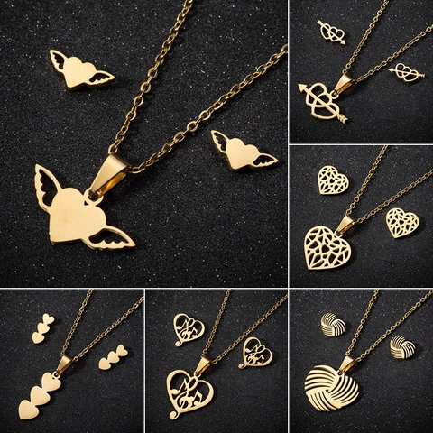 Collar Con Colgante De Corazón Alas Nota Musical Flecha Y Pendientes De Acero Inoxidable Moda Coreana Para Mujer