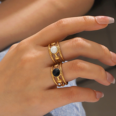 Retro Adjustable Open Ring 18K Gold Plated Stainless Steel Round Shell Enamel Twisted Rope Band For Women