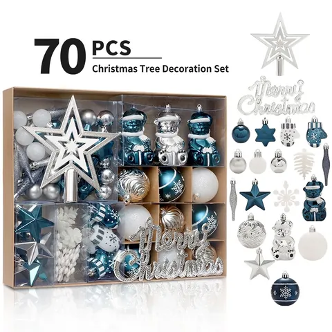 70 STK Blau Weiß Silber Weihnachtskugel Set Kunststoff Weihnachtsbaumspitze Stern Bemalt Glitzer Aufhänger Dekoration
