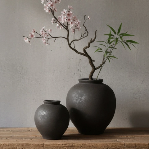 Matte Black Ceramic Vase Retro Rusty Grainy Texture Zen Wabi Sabi Style Tabletop Flower Pot Home Decor Centerpiece