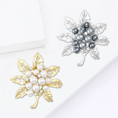 Matte Gold Silber Legierung Blatt Brosche Mit Kunstperlen Strass Für Damen Elegante Mode Büro Schmuck Accessoire