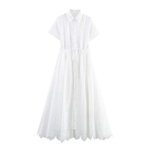 Damen Weißes Maxikleid Mit Ösenstickerei Eleganter Französischer Stil Revers Kurzarm Lochspitze Langes Hemdkleid