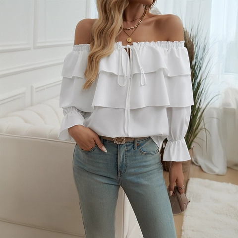 Blouse Femme Épaules Dénudées Volants Superposés Manches Lanternes Top Uni Polyester Élégant Chemise Ample