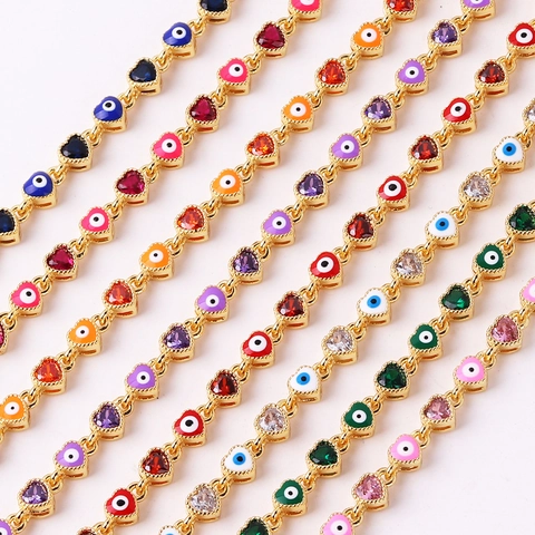 Gold Plated Copper Heart Evil Eye Bracelet Colorful Rhinestone Enamel Chain Adjustable Hip Hop Jewelry For Women Men