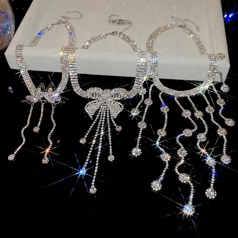 Luxury Butterfly Bowknot Tassel Choker Necklace Alloy Rhinestone Sparkling Elegant Party Jewelry For Women