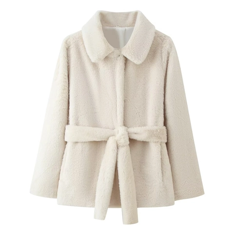 Women's Faux Fur Coat Elegant Belted Lapel Long Sleeve Plush Jacket Solid Color Warm Autumn Winter Outwear
